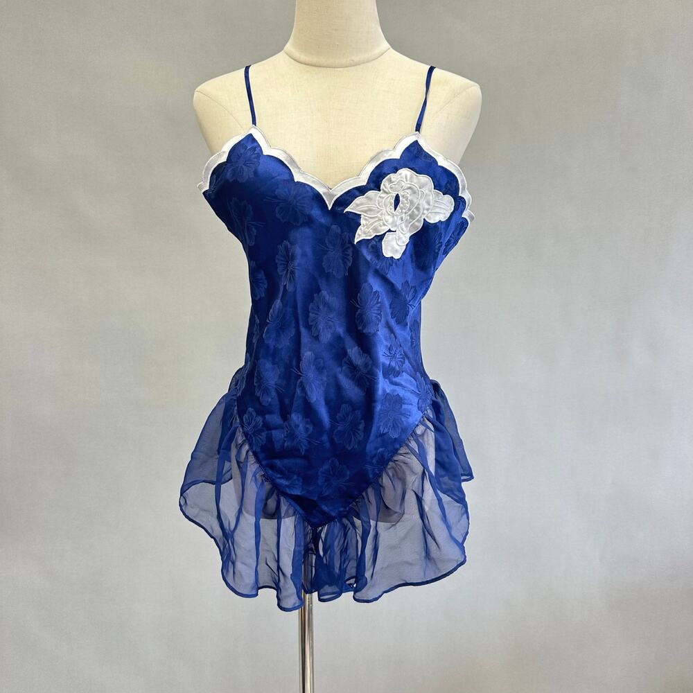 Vintage 90s Victoria's Secret Gold Label navy satin teddy romper size small